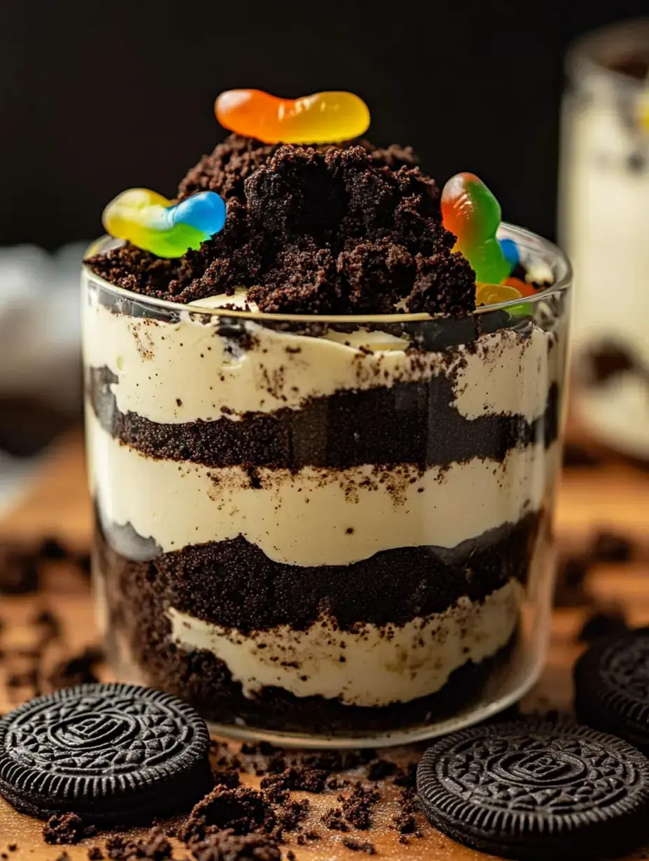 A clear glass parfait cup filled with layers of Oreo cookie crumbs and creamy filling, topped with chocolate soil and gummy worms.