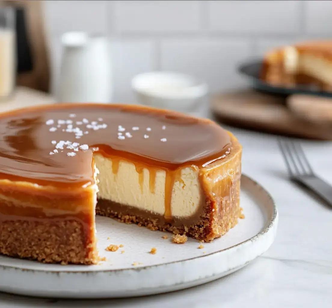 A creamy cheesecake topped with caramel and a sprinkle of salt, with a slice cut out, sits on a white plate.