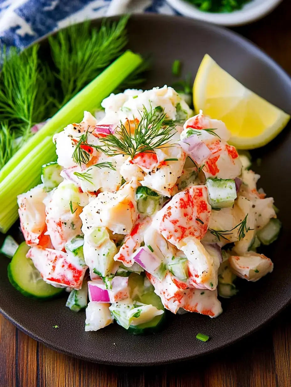 A close-up of a plate filled with a creamy seafood salad made with crab, diced vegetables, and garnished with fresh dill and a lemon wedge.