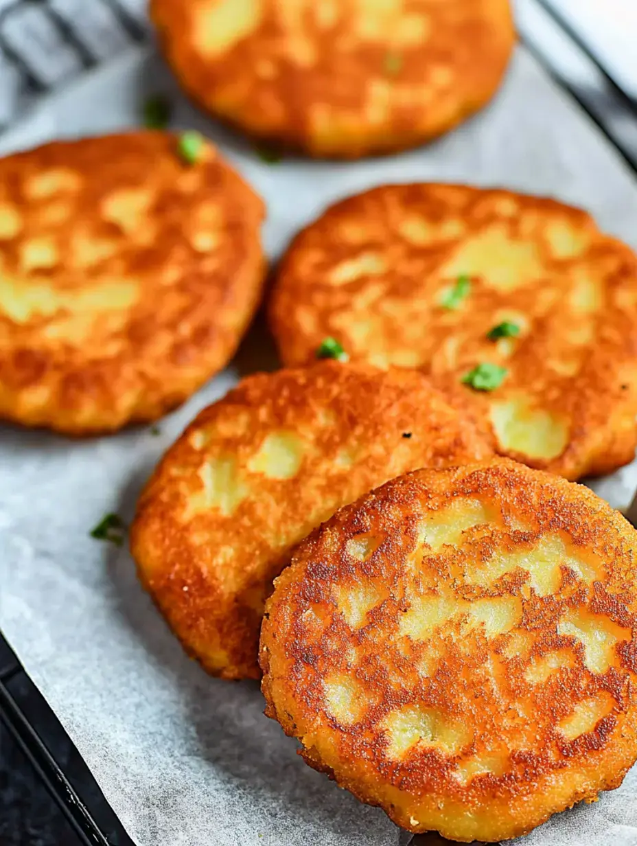 A plate of golden-brown potato pancakes garnished with green herbs on parchment paper.