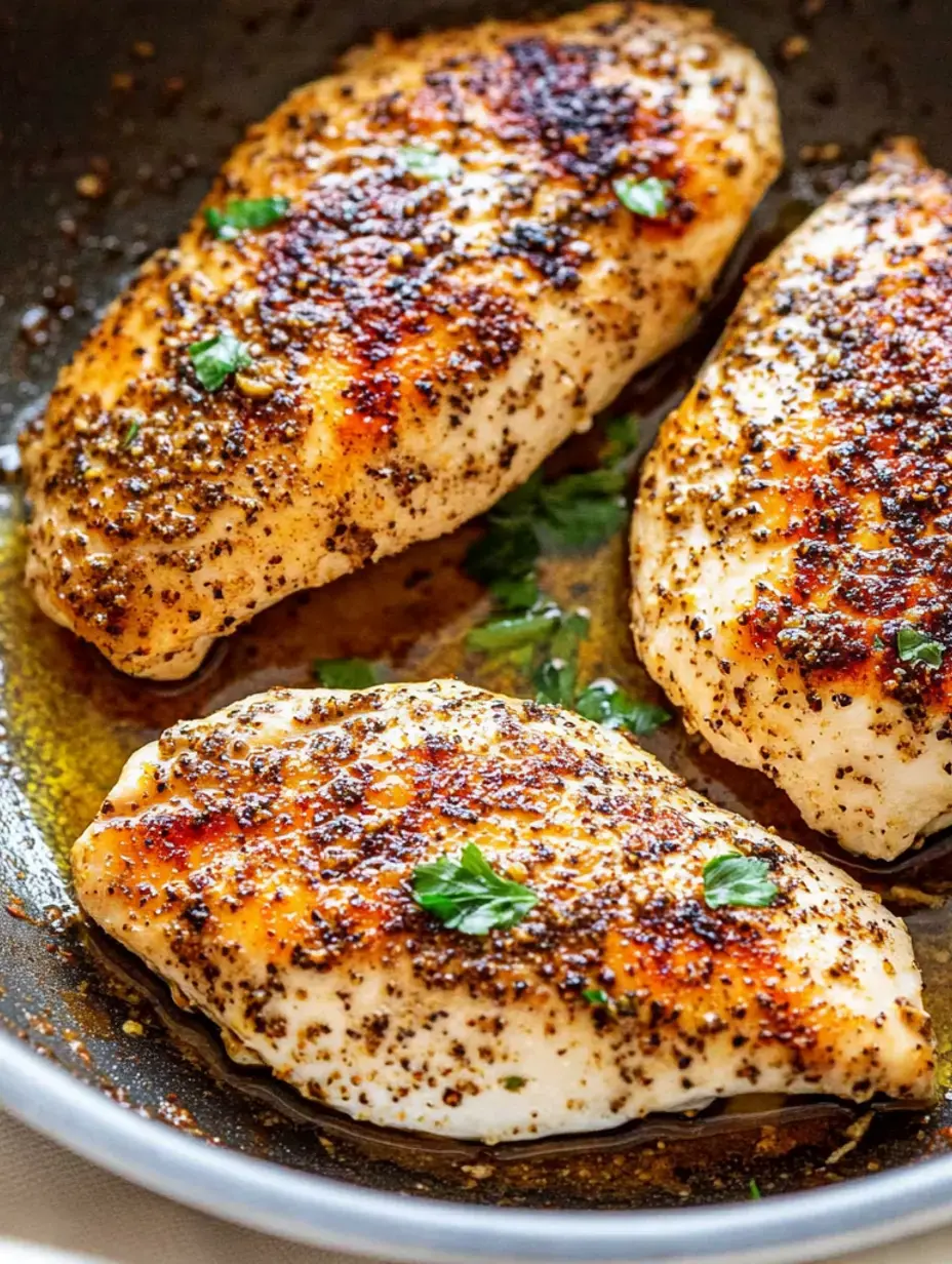 Three golden-brown, seasoned chicken breasts are cooking in a skillet, garnished with fresh herbs.