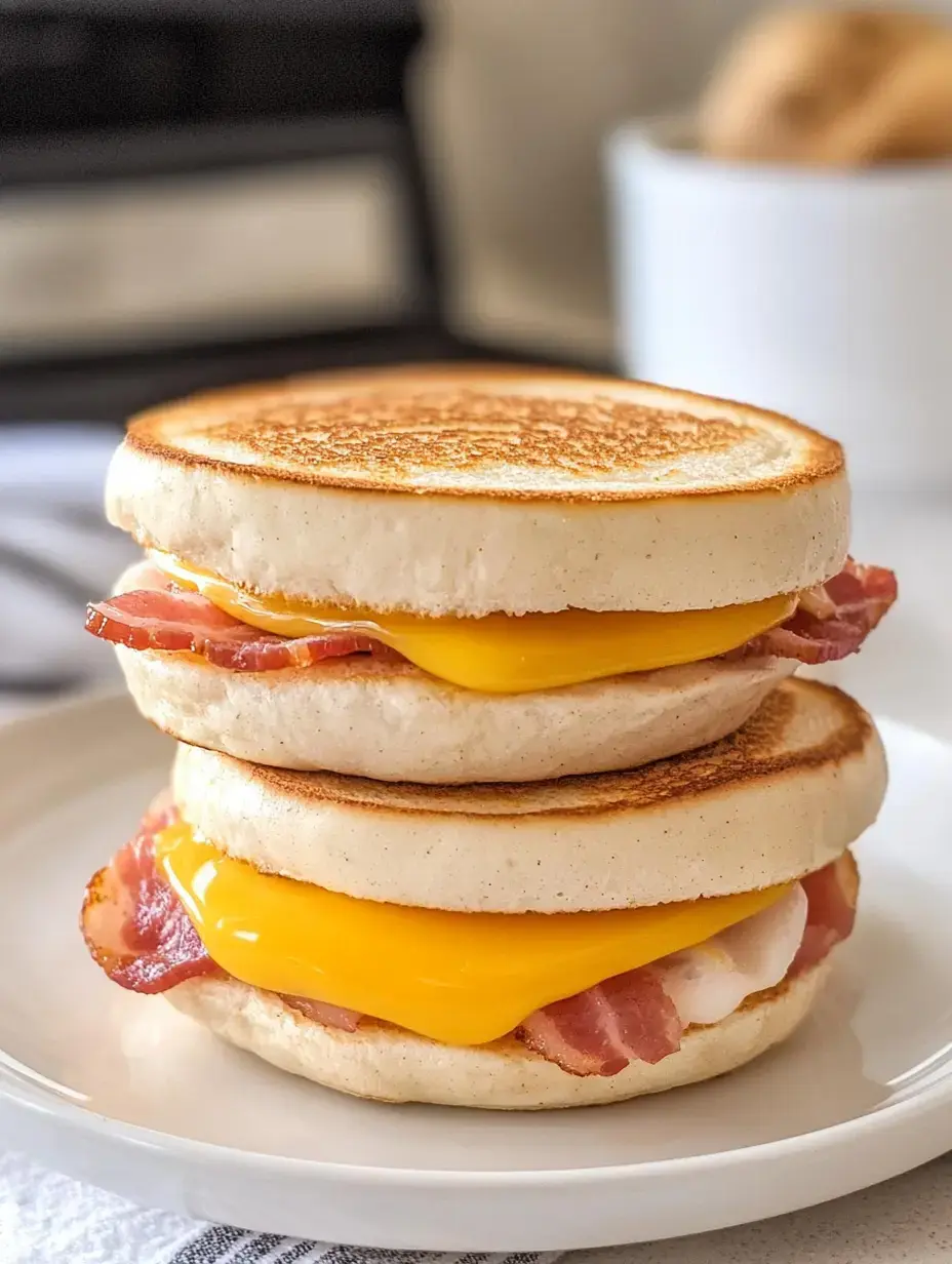 A close-up of a two-layer breakfast sandwich featuring bacon and melted cheese between toasted English muffins.