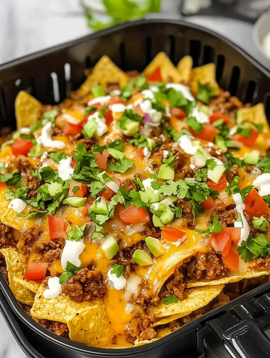 A close-up of a dish of nachos topped with seasoned ground beef, melted cheese, diced tomatoes, green onions, and fresh cilantro, served in a black dish.