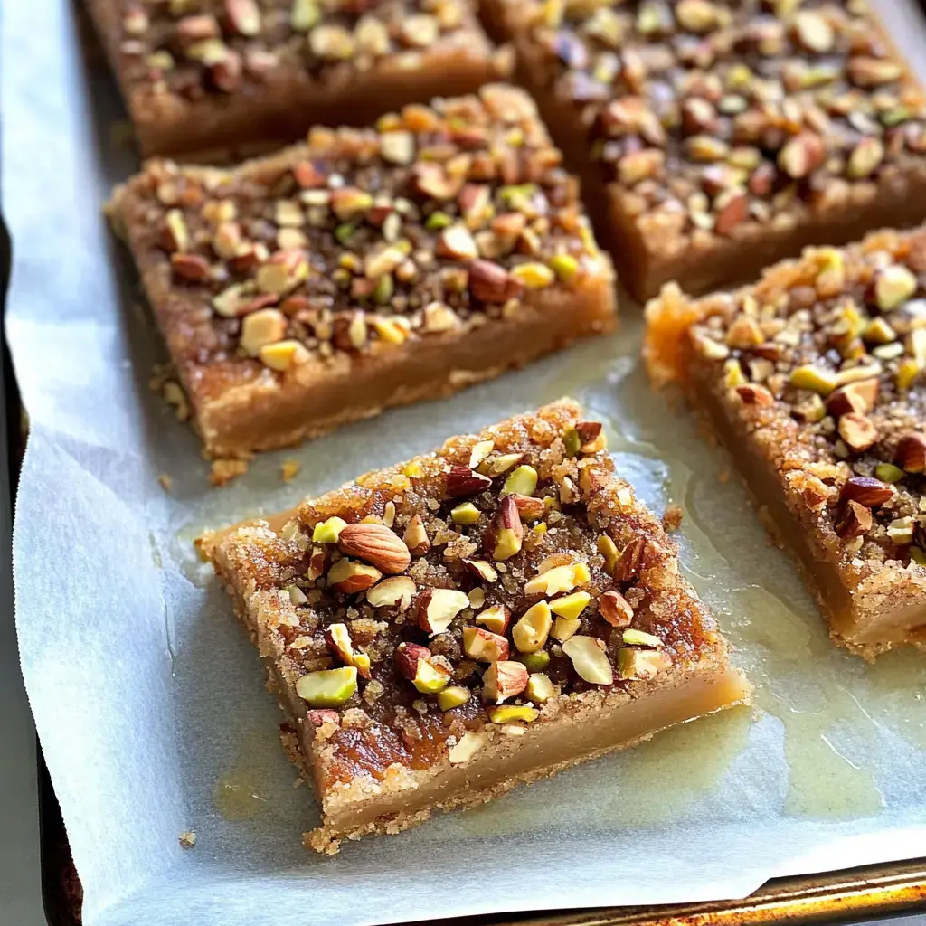 Cut pieces of a dessert topped with chopped nuts laid out on parchment paper.