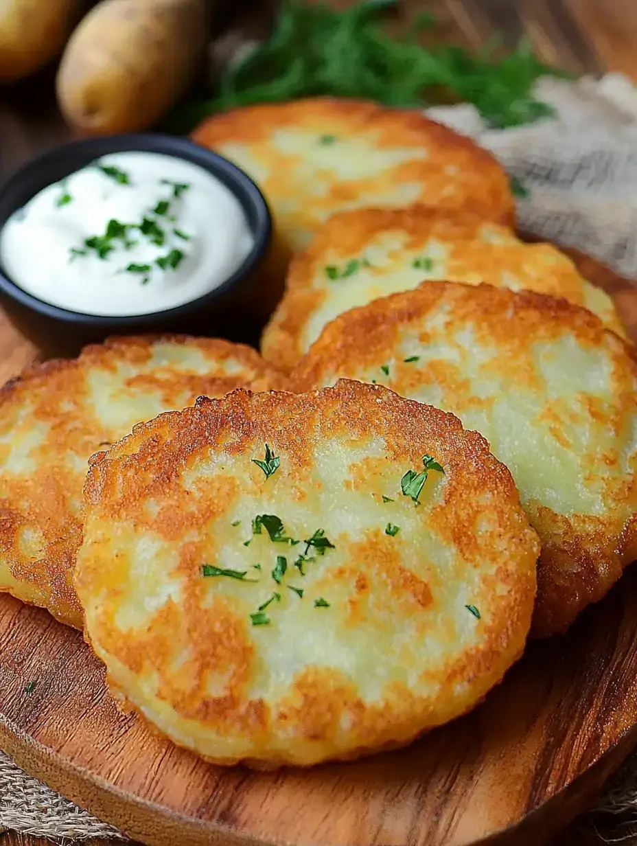 A wooden platter holds several golden-brown potato pancakes garnished with herbs, accompanied by a small bowl of sour cream.