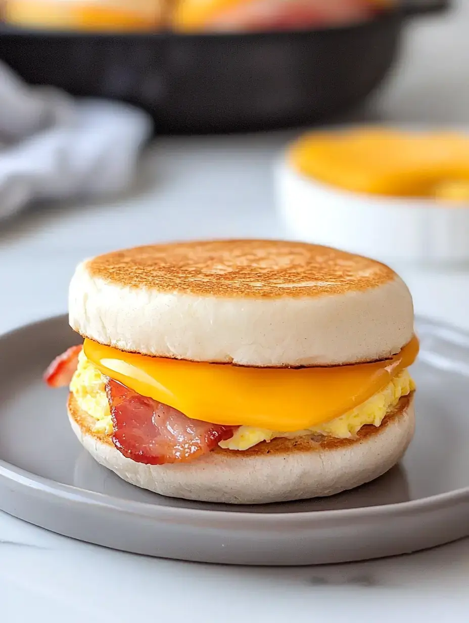 A toasted English muffin sandwich filled with crispy bacon and melted cheddar cheese, served on a gray plate.