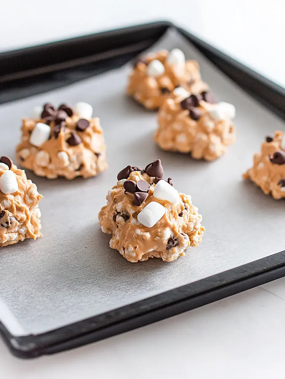 A tray with clusters of no-bake cookies made from popcorn, topped with mini marshmallows and chocolate chips.