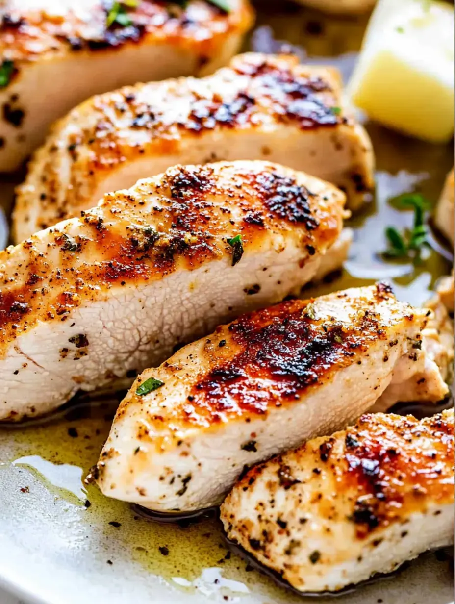 A close-up of seasoned grilled chicken breast fillets on a plate, garnished with herbs and drizzled with oil.