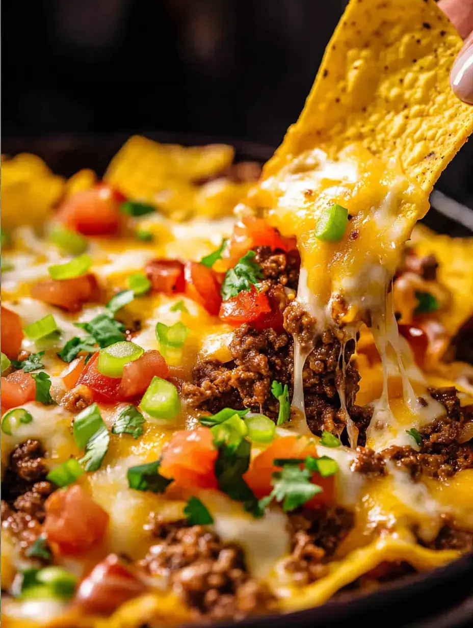 A close-up of cheesy nachos topped with ground beef, fresh tomatoes, green onions, and cilantro, being lifted by a hand.