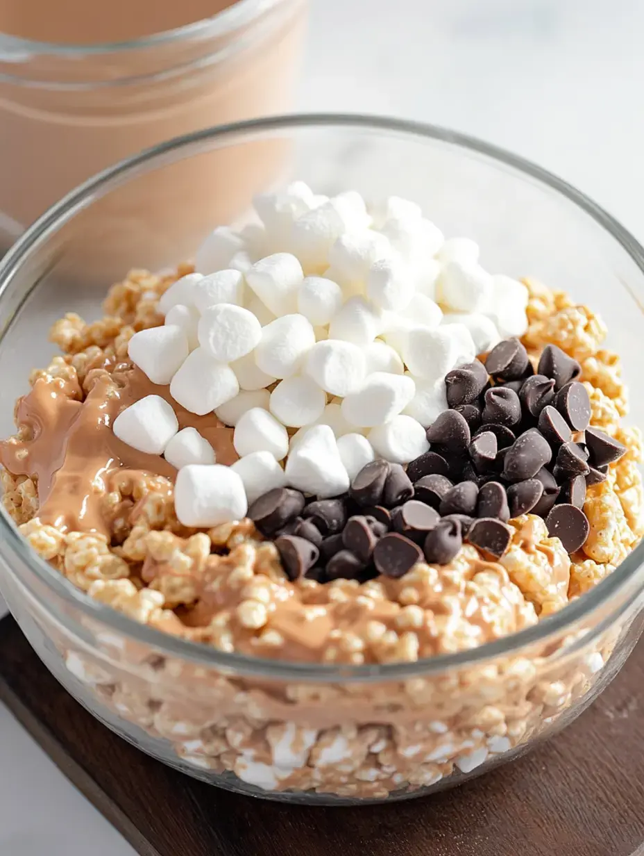 A clear glass bowl filled with popcorn topped with peanut butter, marshmallows, and chocolate chips, accompanied by a jar of drink in the background.