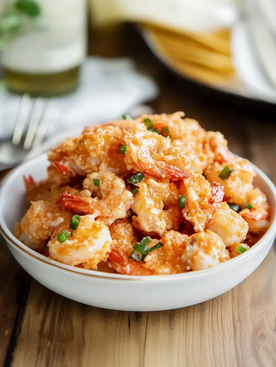 A bowl of fried shrimp garnished with green onions on a wooden table.