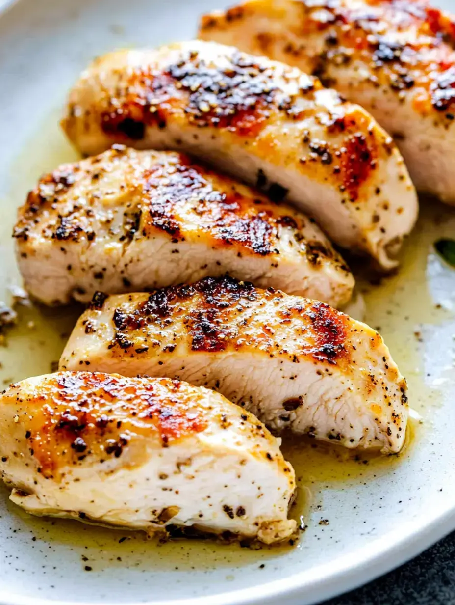 Sliced grilled chicken breasts are arranged on a plate, glistening with seasoning and cooking oil.