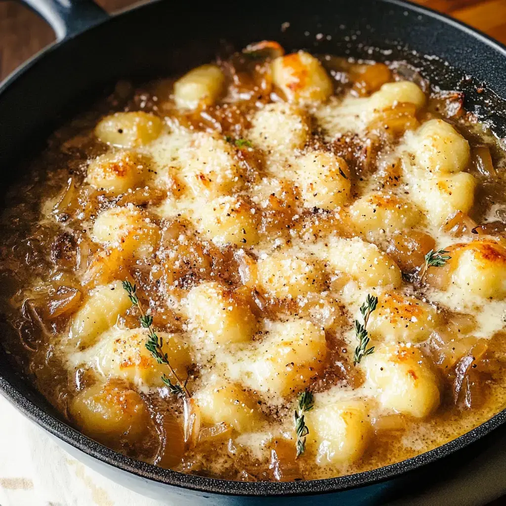 A skillet filled with golden-brown gnocchi layered in a savory sauce, topped with melted cheese and garnished with herbs.