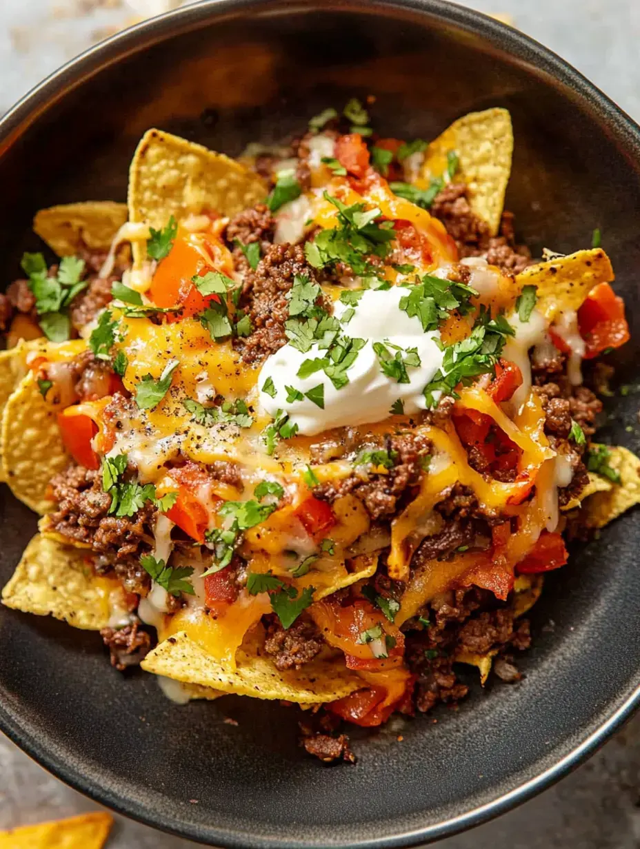 A bowl of nachos topped with seasoned ground beef, melted cheese, fresh tomatoes, cilantro, and a dollop of sour cream.