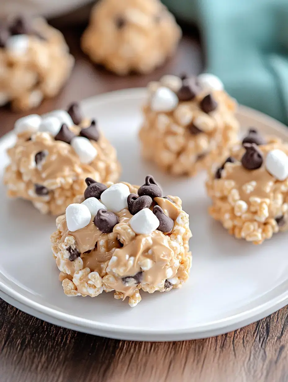 A white plate holds several small, round clusters made of popcorn, topped with chocolate chips and mini marshmallows.