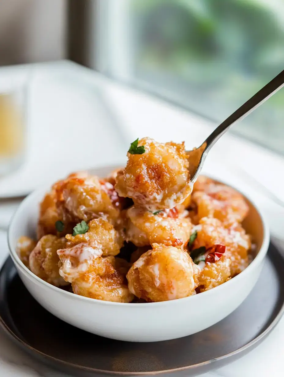 A close-up of a bowl filled with crispy, golden brown dumplings topped with a creamy sauce and garnish, with a fork lifting one dumpling.