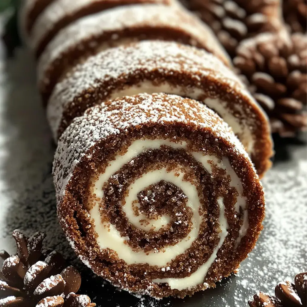 A close-up of a chocolate roll cake dusted with powdered sugar, showcasing a spiral of cream filling, accompanied by pinecones in the background.