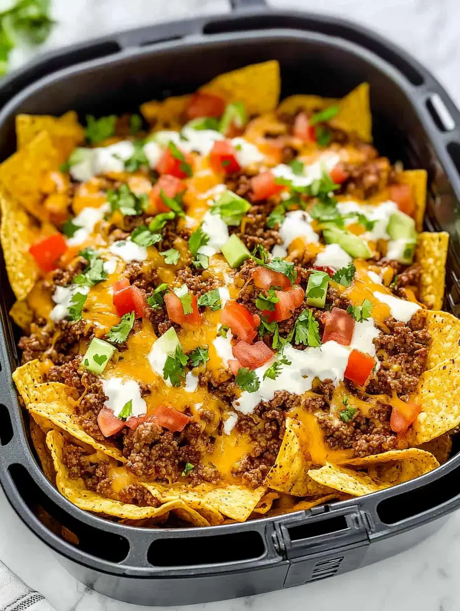 A close-up view of a dish filled with nachos topped with ground beef, melted cheese, diced tomatoes, cilantro, and sour cream.