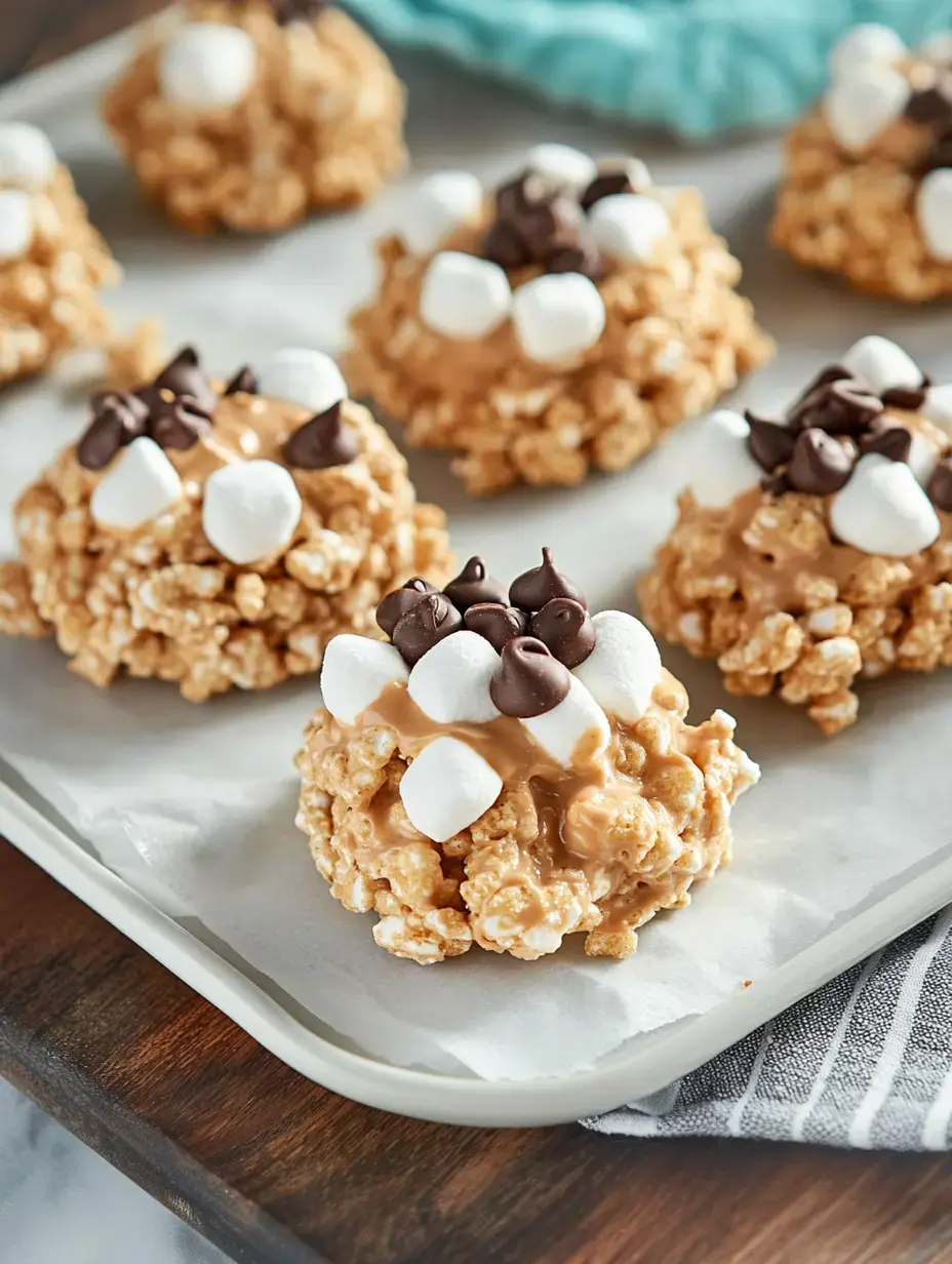 A tray of marshmallow and chocolate-covered popcorn clusters arranged on parchment paper.