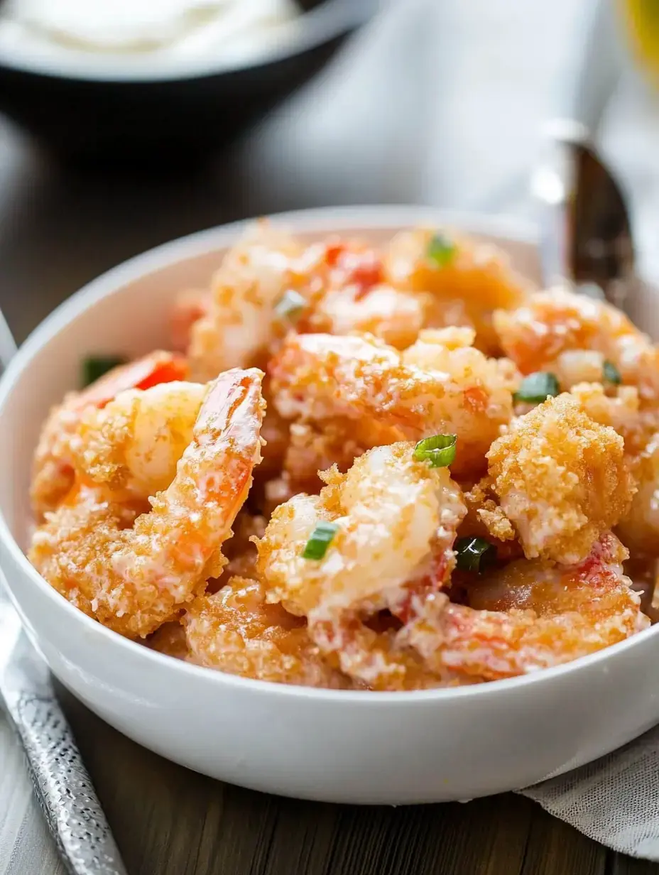 A bowl of crispy shrimp coated in a golden breading, garnished with green onions.