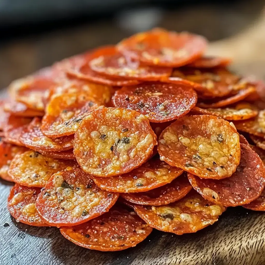 A close-up pile of crispy, golden-brown pepperoni slices arranged on a wooden surface.