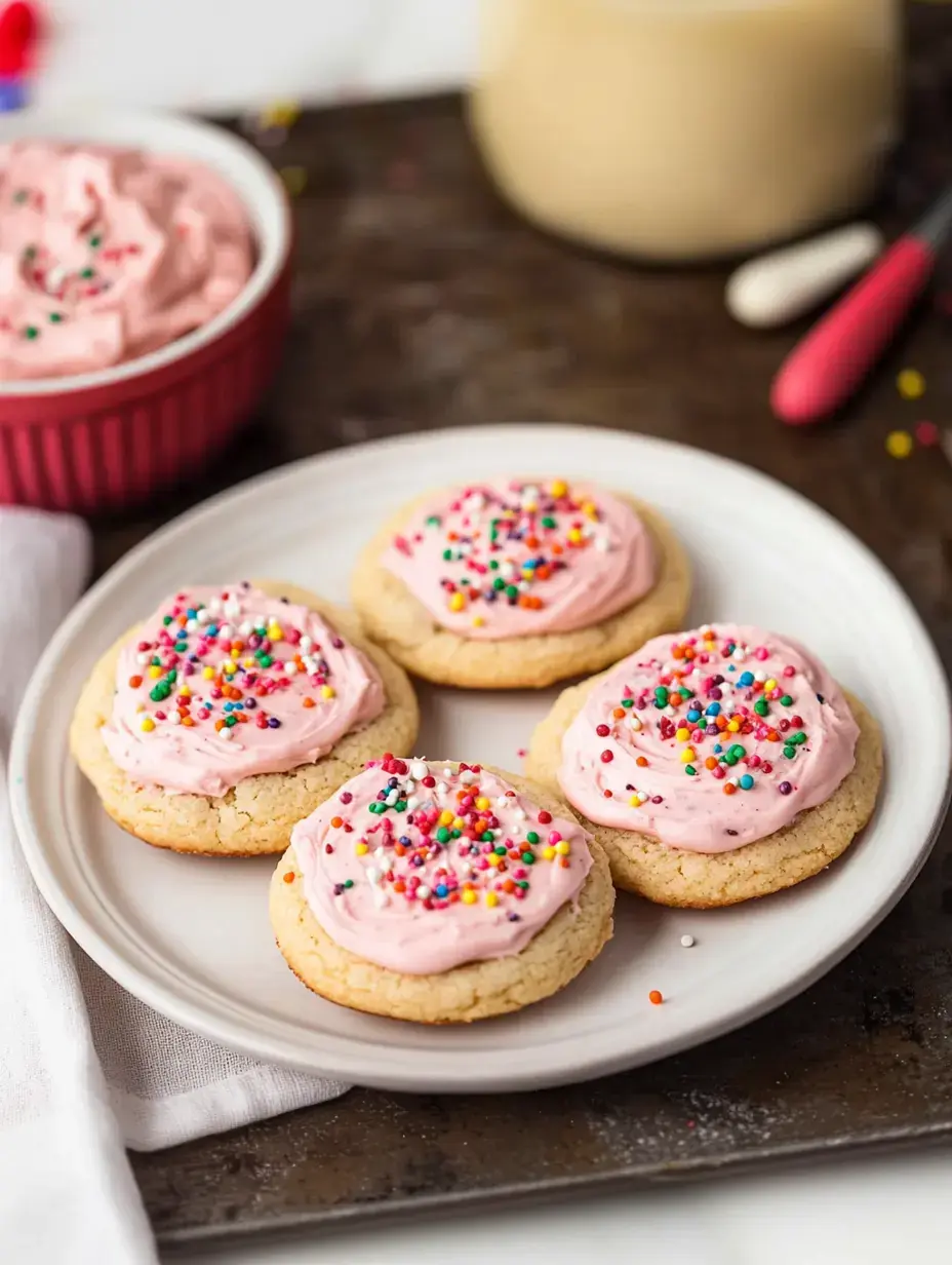 A plate of frosted sugar cookies topped with colorful sprinkles, with a bowl of pink frosting in the background.