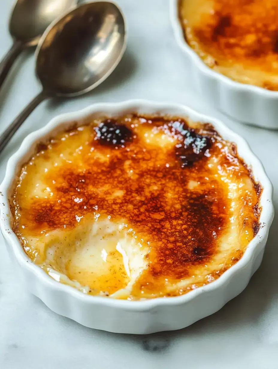 A close-up of a creamy crème brûlée dessert in a white dish, with a caramelized sugar topping and two silver spoons beside it.