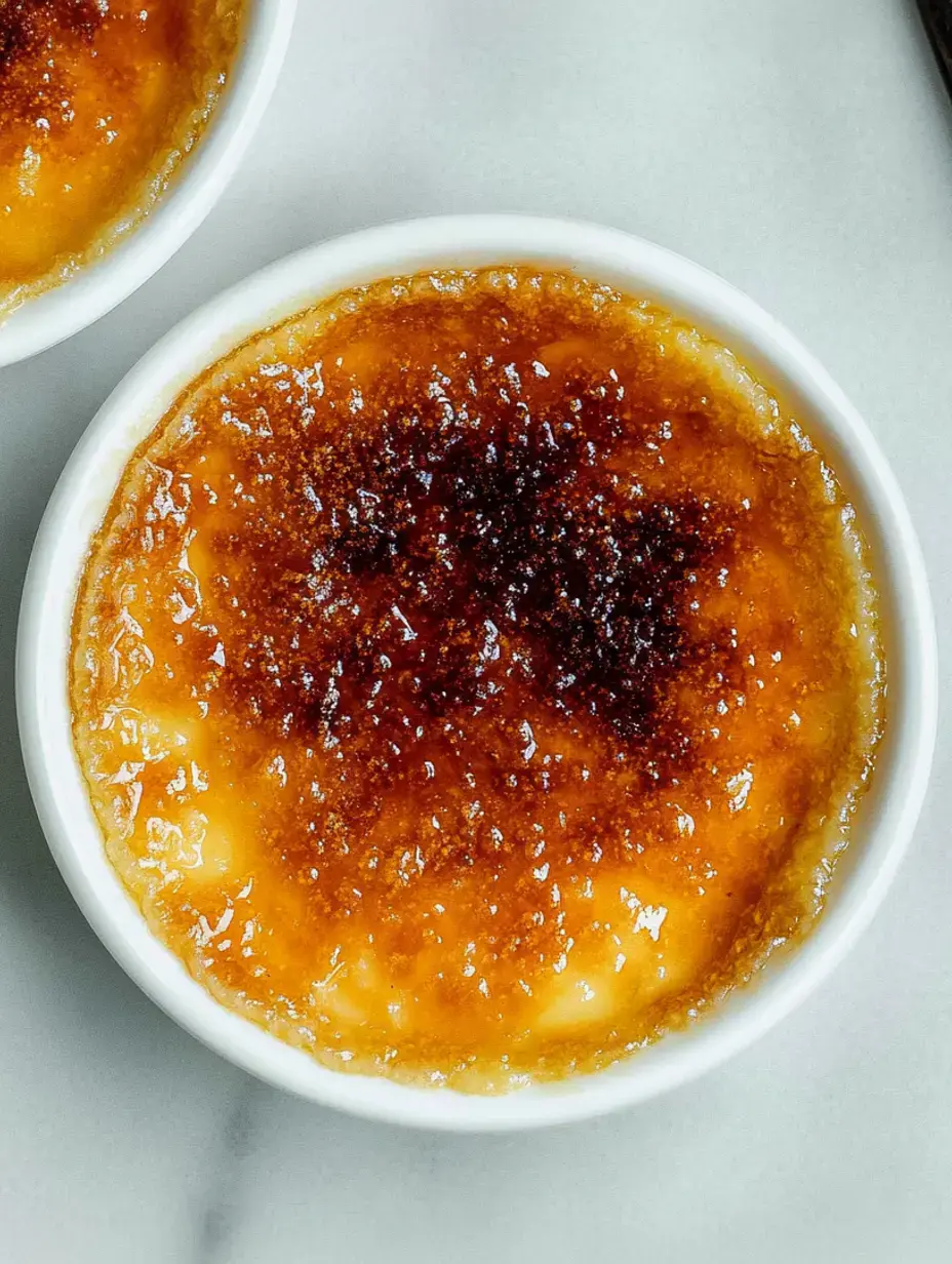 A close-up of two ramekins filled with caramelized crème brûlée, showcasing a shiny, brown sugar crust on top.