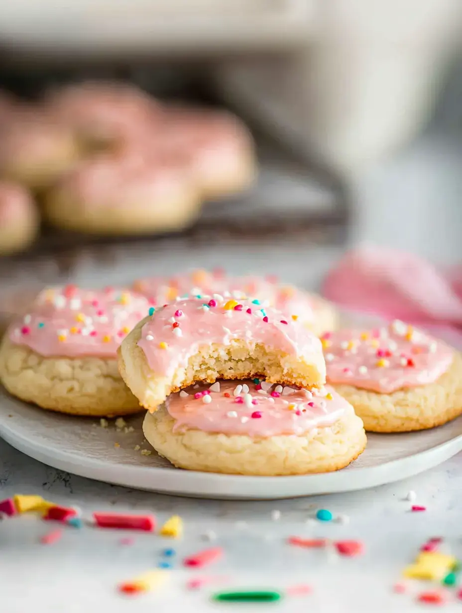 A plate of frosted cookies decorated with colorful sprinkles, featuring one cookie with a bite taken out.