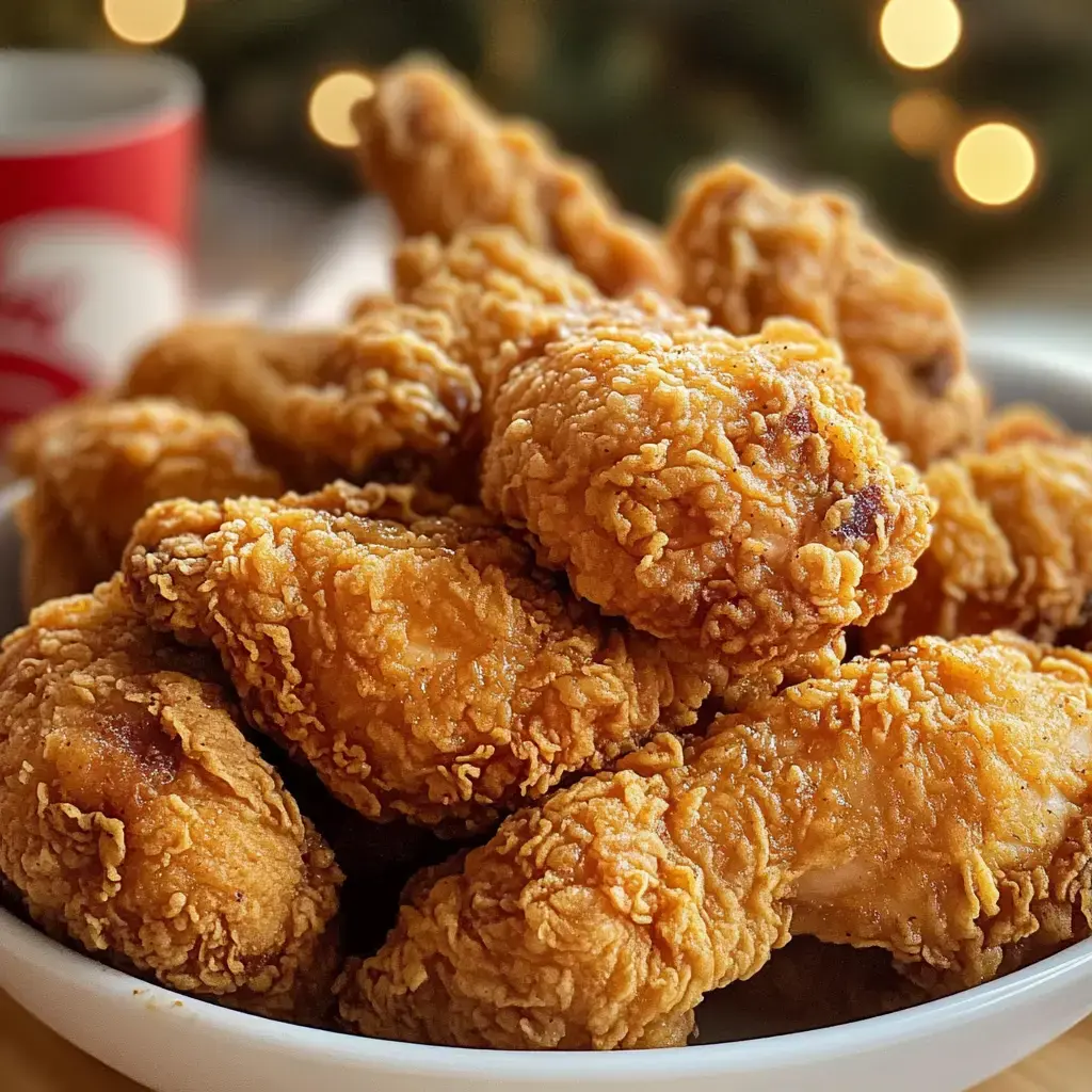 A close-up of a bowl filled with golden, crispy fried chicken, with soft bokeh lights in the background.