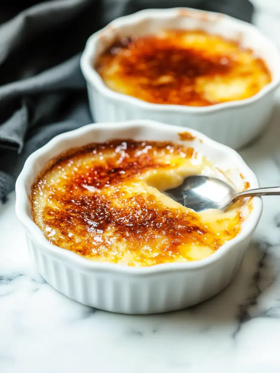 Two dishes of crème brûlée with a caramelized top and a spoon resting beside one of them, set on a marble surface.