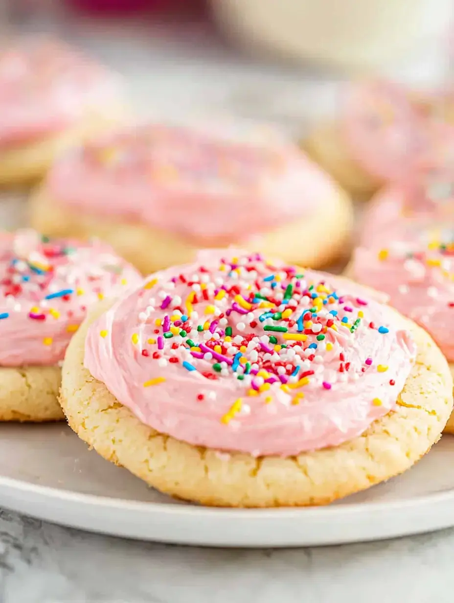 A close-up of frosted sugar cookies with pink icing and colorful sprinkles on a white plate.