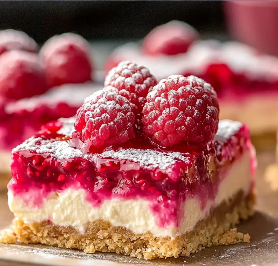 A close-up of a layered dessert featuring a creamy filling topped with raspberry gelatin and fresh raspberries, dusted with powdered sugar.