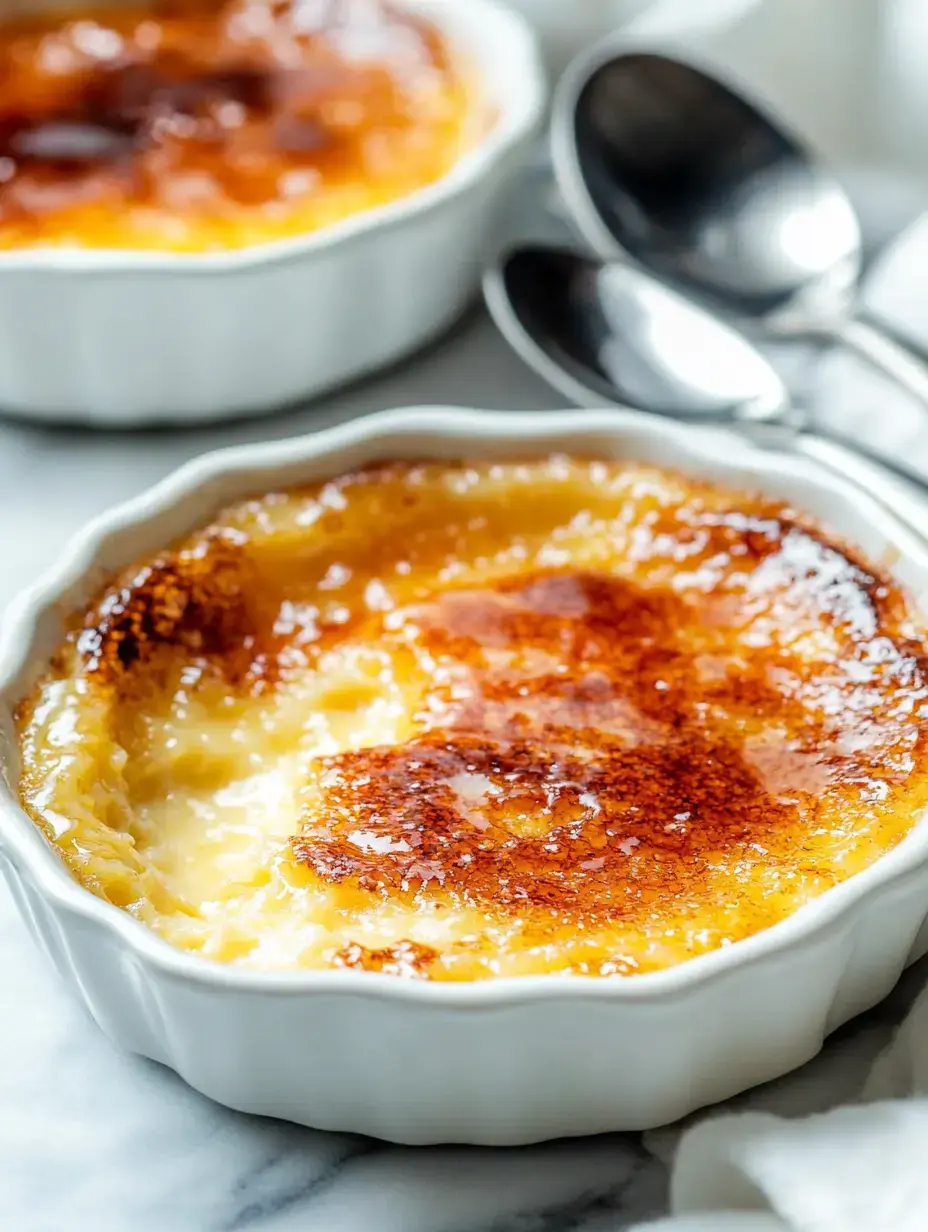 A close-up of a creamy crème brûlée in a white dish with a caramelized sugar topping, accompanied by two spoons.