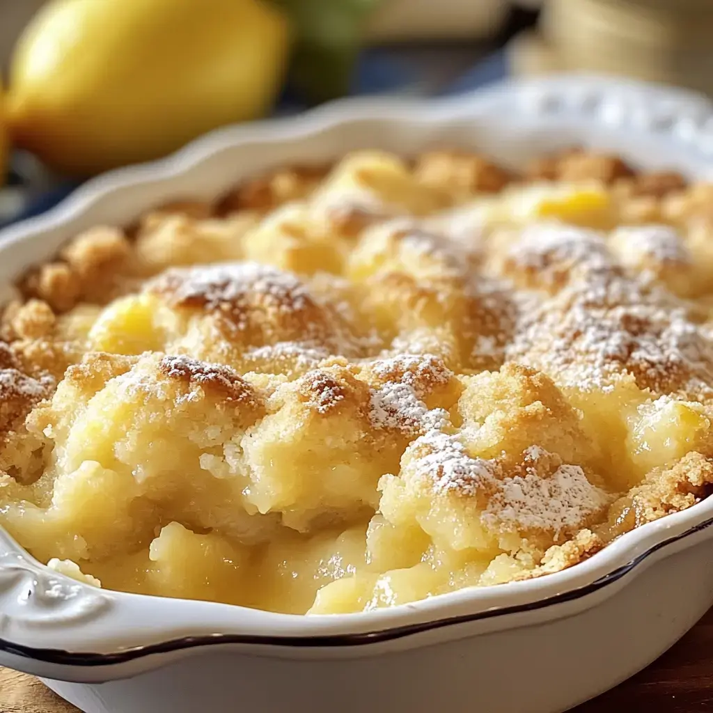 A close-up of a freshly baked lemon dessert in a white dish, topped with powdered sugar and showcasing a golden-brown crust.