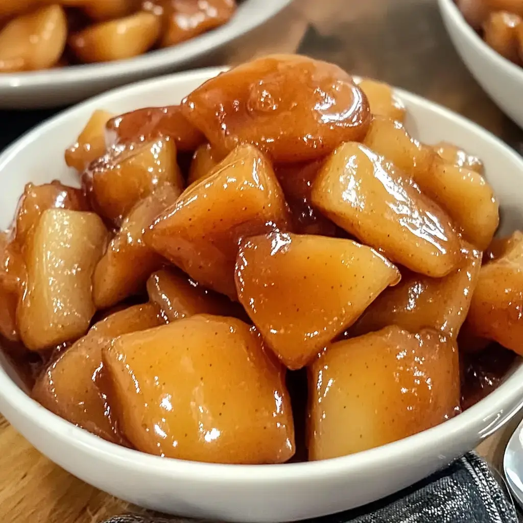 A white bowl filled with glossy, caramelized apple slices, garnished with cinnamon.