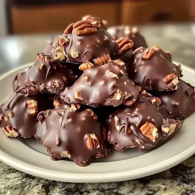 A plate of chocolate-covered pecan clusters piled together.