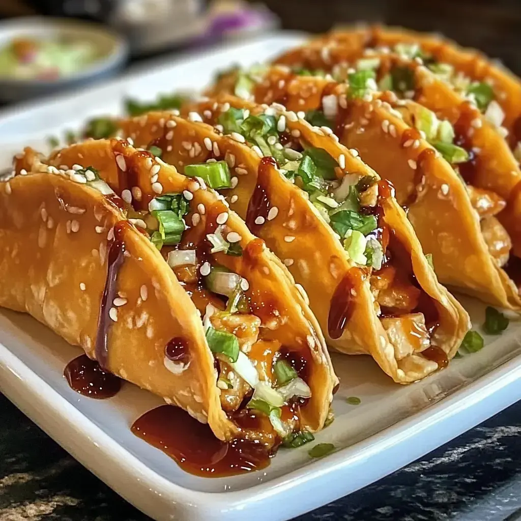 A platter of four crispy tacos filled with meat, topped with green onions, sesame seeds, and drizzled with sauce.