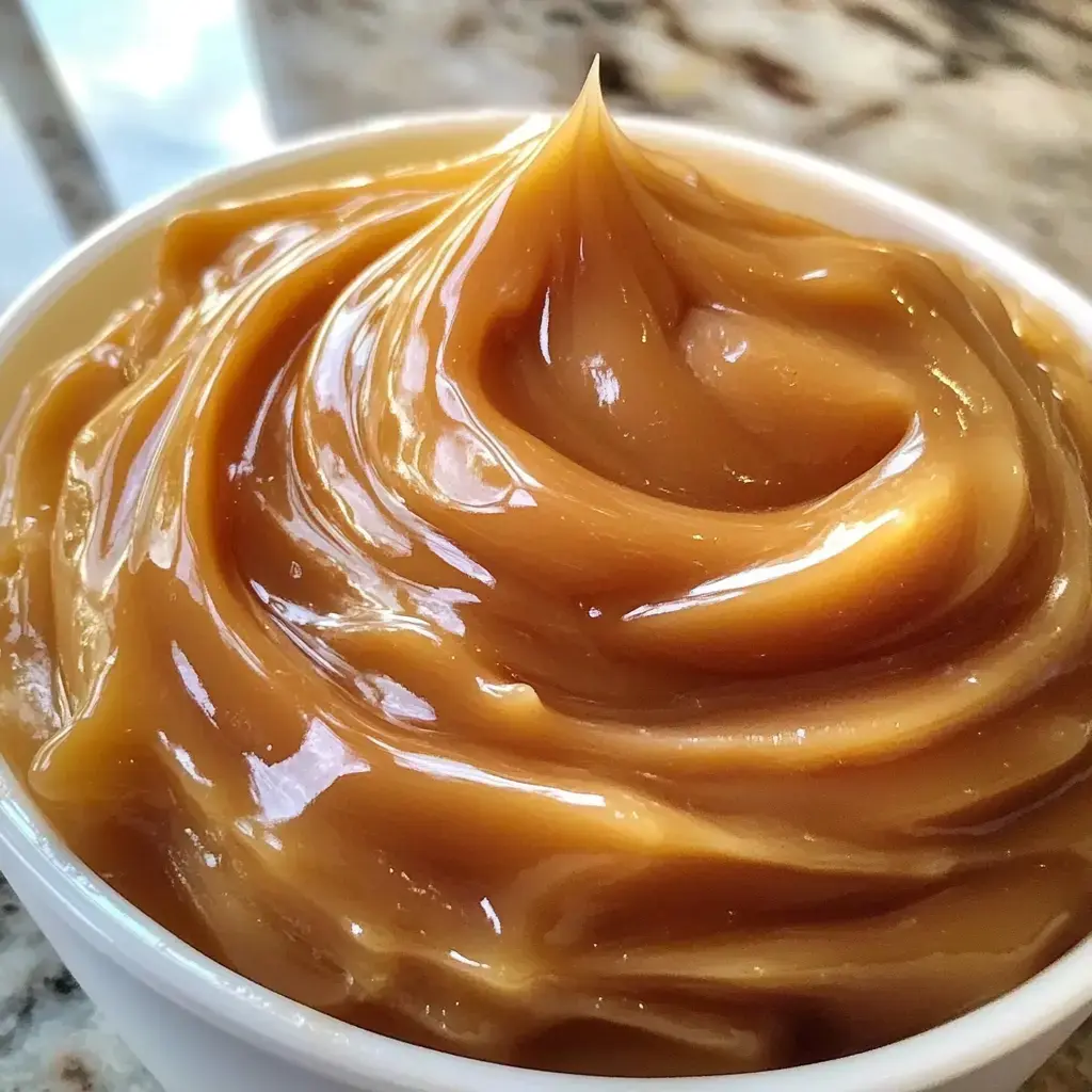 A close-up image of a creamy, glossy swirl of caramel in a white bowl.