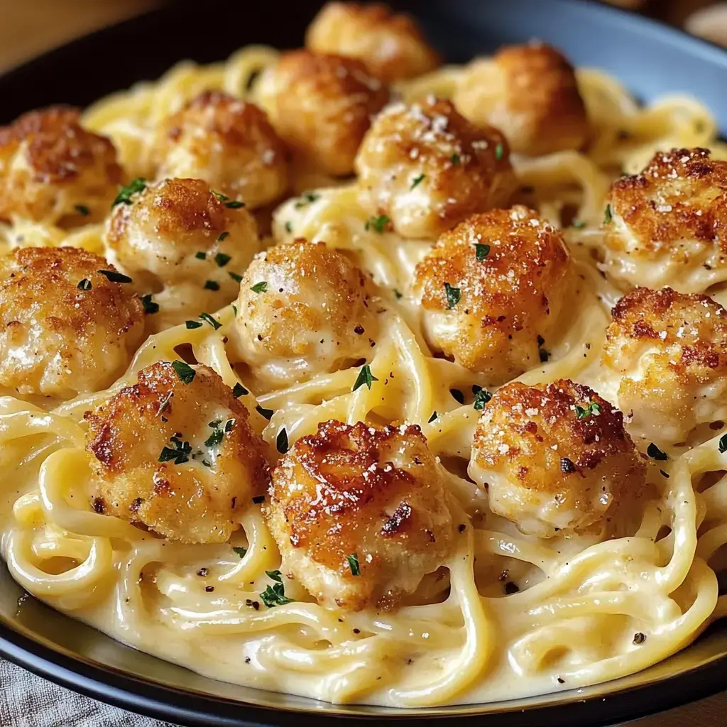 A close-up of a plate of creamy fettuccine pasta topped with golden-brown, breaded scallops and sprinkled with herbs.