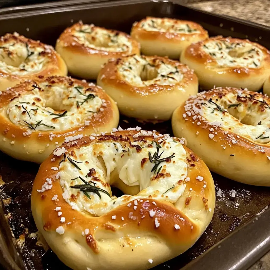 A close-up of freshly baked, golden-brown bagels topped with creamy cheese, sprinkled with sea salt and garnished with green herbs.