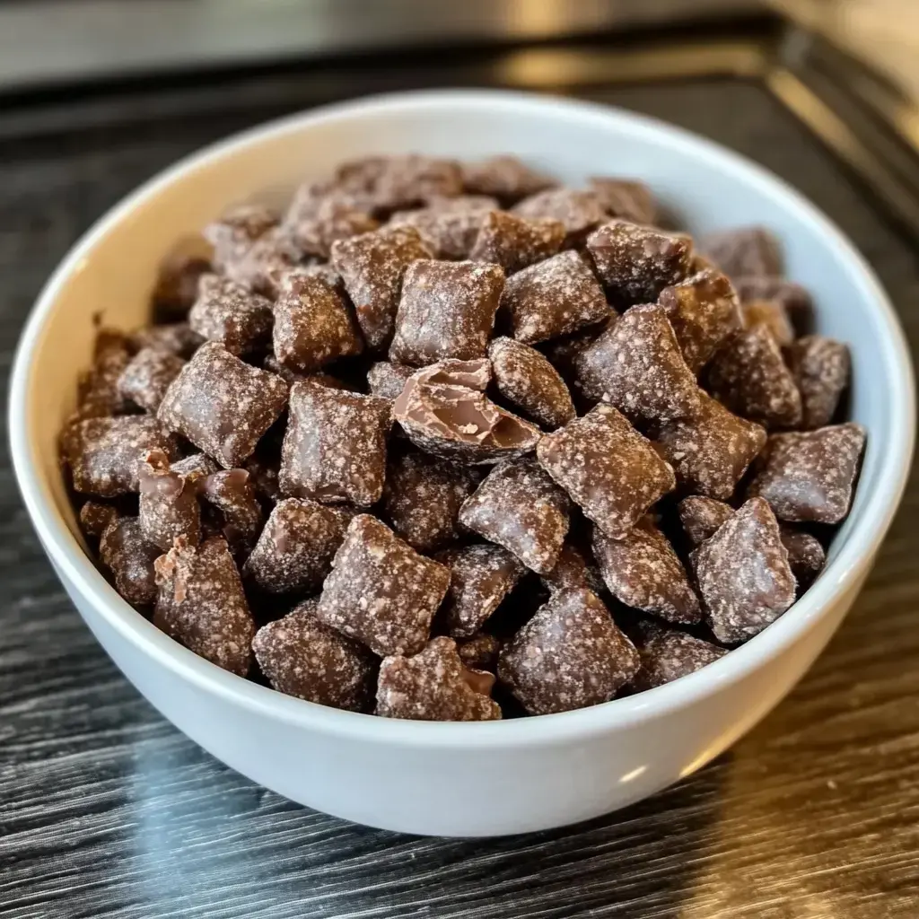 A close-up view of a white bowl filled with square chocolate candies.