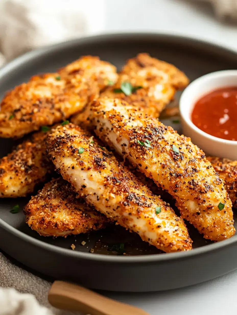 A plate of crispy breaded chicken tenders garnished with herbs, accompanied by a small bowl of dipping sauce.