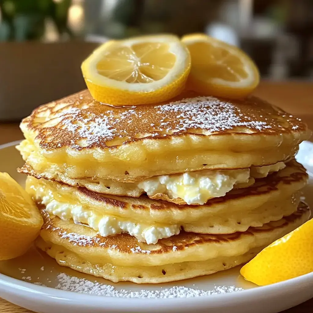 A stack of fluffy pancakes filled with creamy cheese, topped with lemon slices and a dusting of powdered sugar.