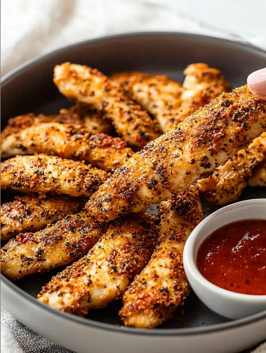 A plate of crispy, breaded chicken tenders served with a small bowl of dipping sauce.