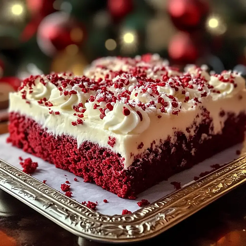 A rectangular red velvet cake topped with white frosting and red sprinkles, displayed on a silver platter with a festive blurred background.