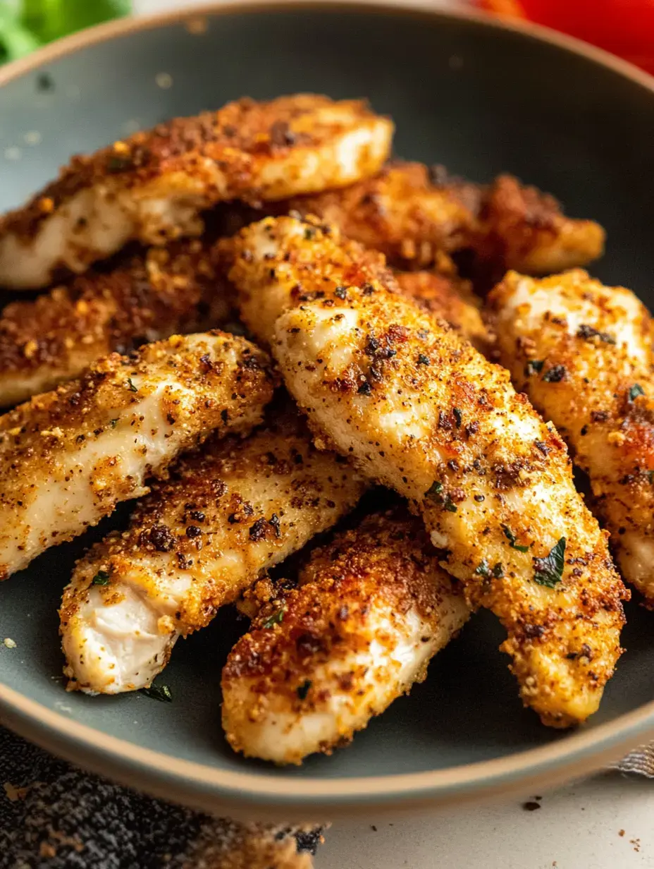 A close-up image of crispy, golden-breaded chicken tenders arranged on a dark plate.