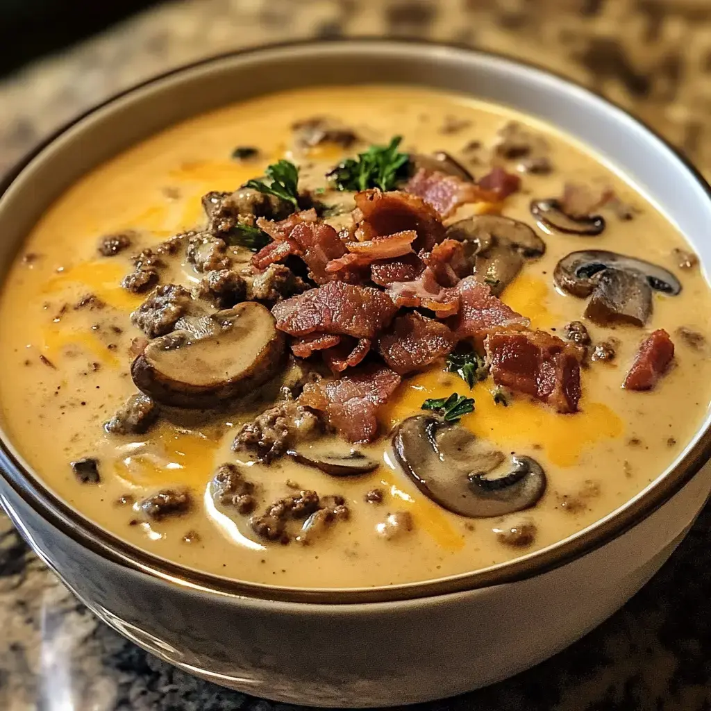 A creamy soup topped with bacon, ground meat, mushrooms, and shredded cheese.