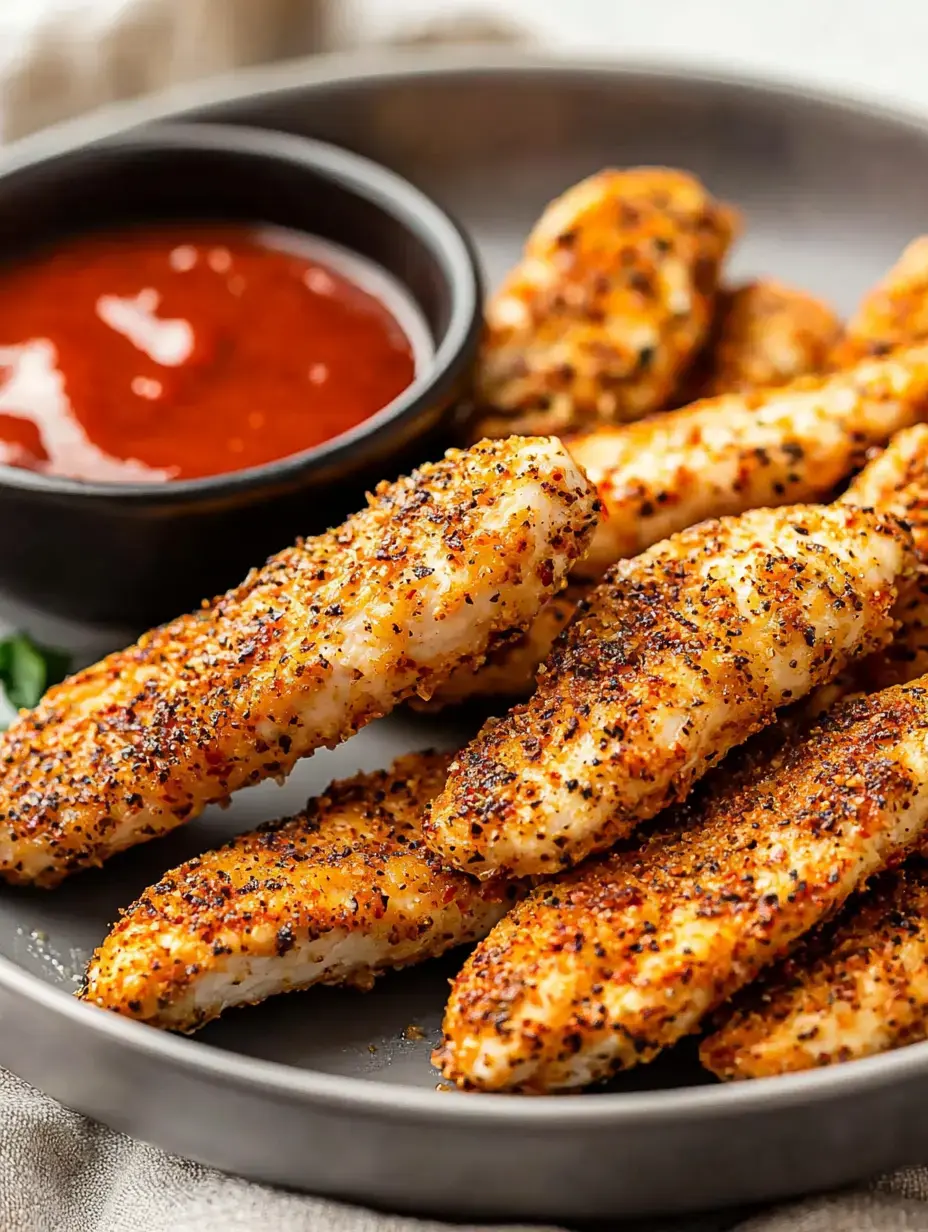 A plate of crispy seasoned chicken tenders served with a small bowl of dipping sauce.