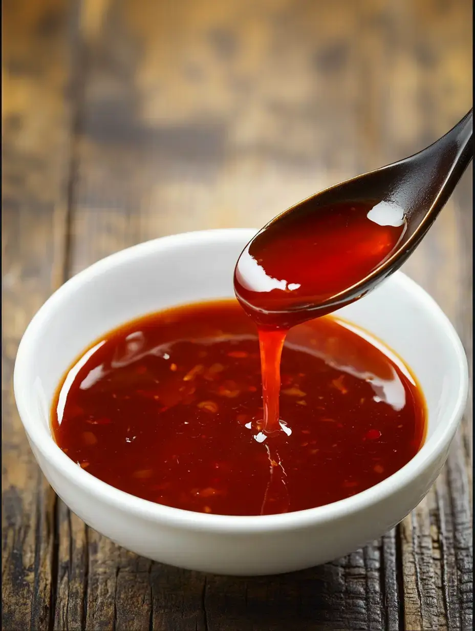 A spoon is drizzling thick, red sauce from a white bowl onto a rustic wooden surface.